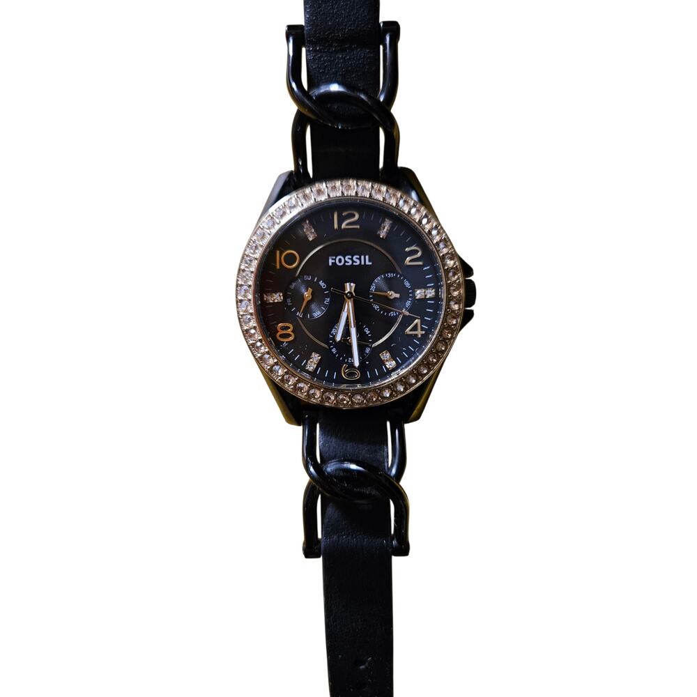 Fossil Women's Black Leather Watch Gold Glitz Crystal Bezel Multifunction
